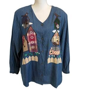 Vintage Country Wear Clothing Co Shirt Size Missing XL? Blue Birdhouses Patches